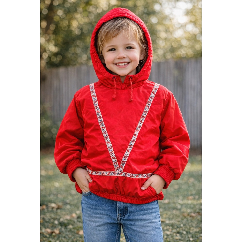 Vintage Kid Red Hooded Windbreaker 4T Jacket Floral Bird Embroidered Trim Zip Up